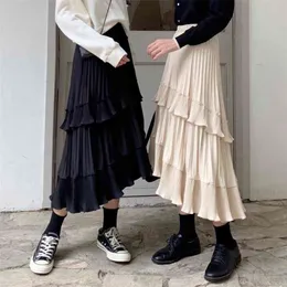 ベージュホワイトファッション韓国フリルMIDIロングAラインスカートスカート女性カジュアル春夏のハイウエスト不規則アラームマッチスカート女性210730