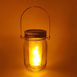 Lampy słoneczne 4 Paczka LED Mason Jar Lit Light Latarka Płomień Ciepły Ogród Outdoor Button Lampa Wodoodporna Wisząca Latarnia Dekoracja
