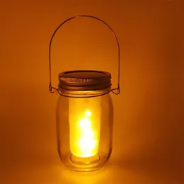 Lampy słoneczne 4 Paczka LED Mason Jar Lit Light Latarka Płomień Ciepły Ogród Outdoor Button Lampa Wodoodporna Wisząca Latarnia Dekoracja