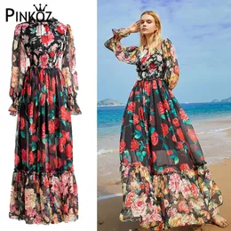 ashion Runway Summer Long Sleeve Maxi Dress Women's elastic Waist Floral Print Elegant Party Holiday vestidos 210421