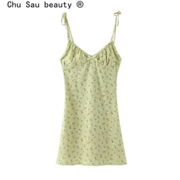 Chu Sau beauty Casual Chic Floral Print Sling Mini Dres Holiday Bow V-neck Summer Sexy Backless Ladies es 210623