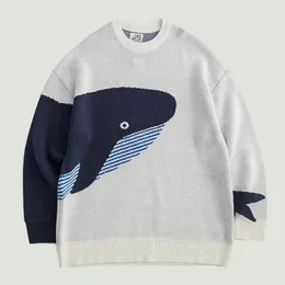 Herrtröjor Vintage Mode Söt Whale Stickad tröja Herr Streetwear Harajuku Oversize Lös Casual Cashmere Stickad Pullover Unisex 2021 T