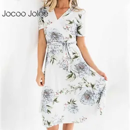 JOCOO JOLEE BOHEMISCHER Blumendruck V-Ausschnitt Eine Linie Kleid Elegante Kurzarm Gürtelte Slim Midi Kleid Lässig Sommer Strand Sommerkleid 210619