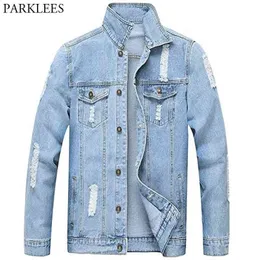 Mens Classic Ripped Denim Jacket with Holes Casual Wash Cotton Jeans Jacket Men Brand Turn-down Collar Veste en Jean Homme 210522
