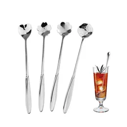 4Pcs / Set Long Handle Flowers Shaped Stirring Spoons stainless Steel Flatware Ice Tea Dessert Spoon Dinnerware Kitchen Accessories