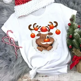 Women's T-Shirt FIXSYS Women White Female Cartoon Reindeer Cute Graphic Tee Merry Christmas T Shirt Short Sleeve Casual Tops