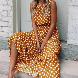 Casual Kleider 2021 Sommer Ärmelloses Polka Dot Kleid Böhmen Off-Schulter Damenmode Elegante Braun Lange Vestido