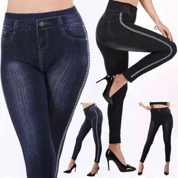 Imitation Leggings Jeans Side Striped Women Mock Pocket Pants Slim Jeggings Ladies Denim Skinny Trousers plus size 210925