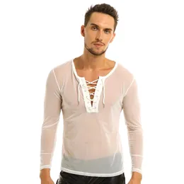 Men Lace Up Mesh See Through Long Sleeve T-Shirt Top Sexy Club Wear Costumes Undershirts Sheer Fishnet Transparent Tops Tees Men's T-Shirts