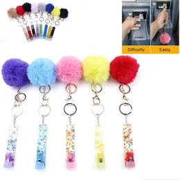 Fluffy Fur Pompom Keychain Acrylic Debit Bank Card Grabber For Long Nail and Contact-Free Atm Kort Clip Keychains