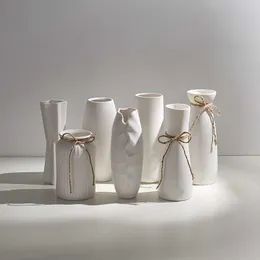 Moderno minimalista branco cânhamo corda cerâmica vaso seco arranjo de flores artesanato decoração interior ornamentos 210623