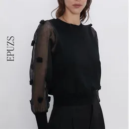 Sonbahar Siyah Örme Kazak Kadın Şeffaf Uzun Kollu Kazak Rahat Çekin Femme Kore Tarzı Kazak 210521