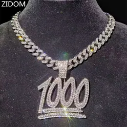 Colar com Pingente de Número 1000 de Hip Hop Masculino com Cadeia Cubana Miami de 13mm Iced Out Bling HipHop Colares de Moda Masculina Jóias 210323