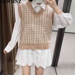 Za Stylish Chic Houndstooth Plaid Sleeveless Sweater Women Fashion V-Neck Pullovers Elegant Ladies Casual Jumpers High quality 210510