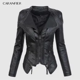 CARANFIER Autumn Women Pu Leather Jacket Faux Soft Leather Coat Short Design Zipper Slim Black Motorcycle Jacket 210916