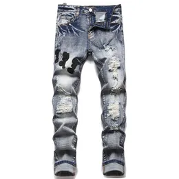 Indigo Blue Ripped Patch Jeans Herr Mode Slim Fit Tvättade Motorcykel Jeansbyxor Panelde Hip Hop Stretch Byxor