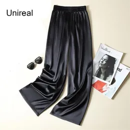 Unireal Summer Women Wide Leg Byxor Hög midja Casual Byxor Streetwear Black Silk Satin Elegant Long Palazzo 211124