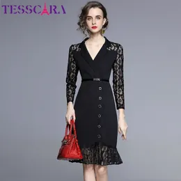 Tesscara Kvinnor Höst Elegant Blazer Dress Festa High Quality Long Office Party Robe Femme Vintage Lace Designer Black VestidosDi3L