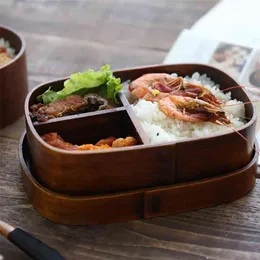 Lunchbox Wood Miljövänlig Bento Box Sushi Bärbar Mat Förvaringsbehållare Med Väskor Trä Japansk Naturbrun 210423