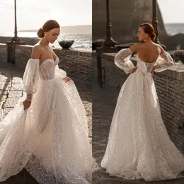 Elegant Wedding Dresses Sexy Sweetheart Long Sleeves Lace Sequins Bridal Gowns Custom Made Backless Sweep Train A Line Dress Robe De Mariee
