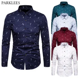 Feather Printed Men Dress Shirts Casual Slim Fit Men Long Sleeve Business Work Mens Shirt Daily Social Streetwear Male Chemise 210524