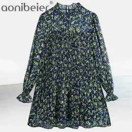 Spring Women Floral Print Pressed Pleat Splicing Chiffon Mini Klänning Kvinna Långärmad Kläder Casual Lady Loose 210604