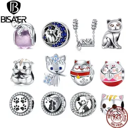 Bisaer Cute Cat Charm Beadフィットオリジナルデザインブレスレットダングングル100％リアル925スターリングシルバーDIYジュエリー作り