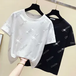 Summer Tops Diamonds Korean White T shirt Women Clothes Cotton Fashion Female T-Shirt Black Tee Short Sleeve Black Shirt 210604