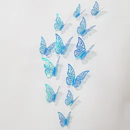 12pcs/packの葉の蝶のステッカー3D 3次元中空の結婚式の誕生日パーティーホームルームカフェショップウィンドウの装飾のための紙の壁ステッカー
