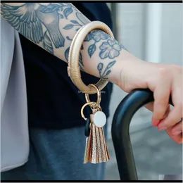 S1609 Women Girls Pu Leather Bracelet Bangle Keyring Tassel Circle Keychain Wristlet Keyrings Jewelry Nbkx4 Rings Greyr