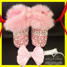 Baby Girls Boots Custom Dhinestones Bling Buty Niemowlę Dziewczyna Buty Luksusowe Shining Pearl Dekoracja Buty Zima Boże Narodzenie Prezent 210326