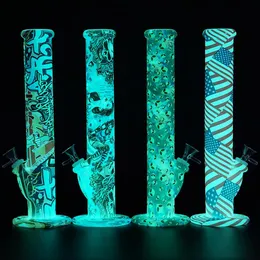 2022 NEW Glow in the dark heady water pipe non fading printing silicone bong glass bong dab rig thick e Hookah