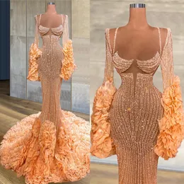 Cekinowe suknie wieczorowe Crystal V Neck Długi rękaw Mermaid Prom Dress Wielopięciowe Ruffles Sweep Pociąg Custom Made Formal Celebrity Suknie