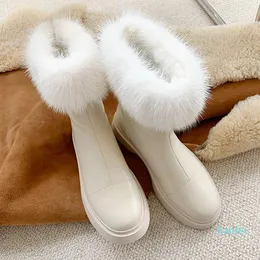 ブーツMezereon女性雪牛革革製品足首本物の毛皮の女性シューズ暖かいウールの混合冬の女性のボタ