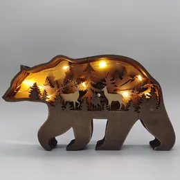 Forest Bear Christams Deer Craft 3D Laser Cut Wood Sculpture Figurine Home Decor Art Crafts Forest Animal Table Decoration Bear Statyes Ornament Room Decorating