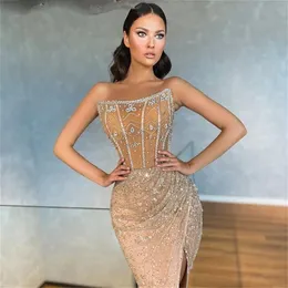 Sexy arabische Dubai Champagner Abendkleider trägerloser vorderer Split Perlen Plus Größe Party Promkleider Vestidos de Novia