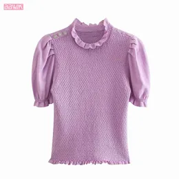 Moda com botões redondos pescoço Ruffled mangas curtas mulheres t-shirt vintage roxo estiramento curto chique feminino tops 210507