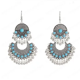 여성용 클래식 섹터 실버 컬러 터키어 인도 Jhumka 매달려있는 귀걸이 빈티지 터키 Boho Turquoises 구슬 Tassel 귀걸이