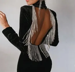 Evening dress women cloth Yousef aljasmi Sheath Long sleeve Backless Tassel Black velvet Short dress Kim kardashian Kylie jenner