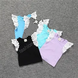 Sommar Baby Lace T-shirts Toppar Striped Solid Färg Ärmlös Fly Sleeve T Shirt Kläder Infant Toddler Boys and Girls Tees T-Shirt Kläder