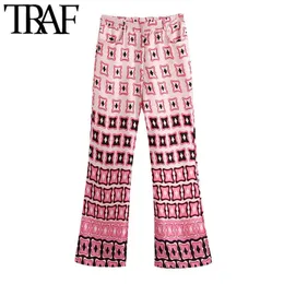 TRAF Donna Chic Moda Stampa geometrica Spacchetti laterali Abito longuette Vintage Manica lunga Cerniera posteriore Abiti femminili Mujer Q0801