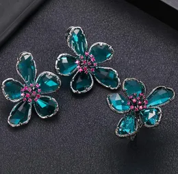 Wedding Rings Accking Trendy Luxury Zircon Round Flower Shape Earrings Open Ring Set For Women Jewelry Gift Party