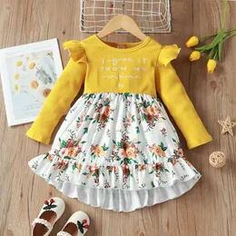 Blumenmädchenkleider Kinderkleidung Fliegende Ärmel Kinderkleider für Mädchen Brief Frühling Herbst Mädchen Kleid Große Mädchen Kleidung 1-6Y G1026