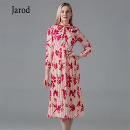 Vestido de verano de diseñador de pasarela a la moda, cuello de lazo para mujer, estampado Floral rosa elegante, Vintage plisado 210519