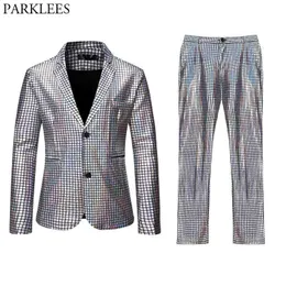 Silver Cekiny Plaid Stage Garnitury Mężczyźni Single Breasted Notched Lapel Kurtka Pants Men Club Boże Narodzenie Halloween Party Party Costumes 210522