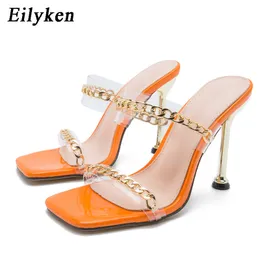 Eilyken claro pvc transparente chinelos de salto alto sexy verão moda corrente design deslizamento no dedo do pé quadrado slides mulheres mulas bombas agradável bonito