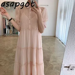 Vestidos chique verão doce ruffles manga curta rosa giro para baixo colarinho vestido mulheres longas plissadas oca out meninas coreia elegante 210610