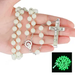 Glow In The Dark Rosary Necklace For Women INRI Crucifix Cross Pendant 8MM Beaded chains Religion faith Jewelry G1206