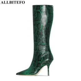 AllbiteFo Rozmiar 34-43 Snake Texture Microfiber Kobiety Kolee High Boots Fashion Sexy Styled Toe High Heel Buty Udo High Boots 210611