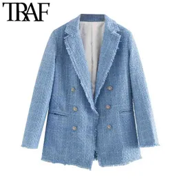 Kvinnor Mode Office Wear Double Breasted Tweed Blazer Coat Vintage Långärmad Frayed Kvinna Ytterkläder Chic Toppar 210507